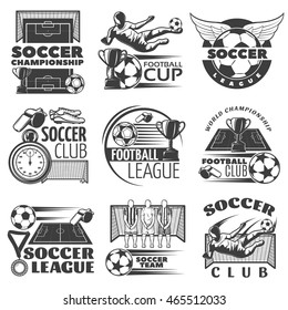 Soccer black white emblems of clubs and tournaments with sports equipment trophies players isolated vector illustration