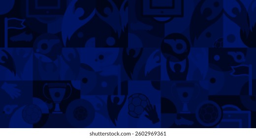 Soccer blue background, football cup accessories, award club banner, 2026 world design trends, vector illustration