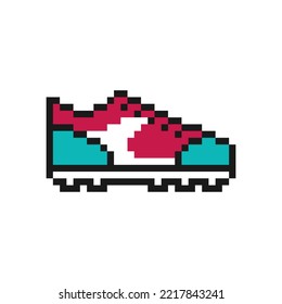 Soccer boots icon in pixel art design, football shoe symbol isolated on white background.