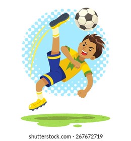 Soccer Boy Hit The Ball Using Bicycle Kick Technique.
A soccer boy wearing yellow and blue uniform using bicycle kick technique to hit the ball. 