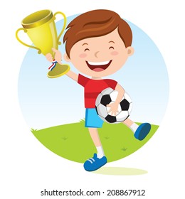 Soccer boy holding gold trophy. Boy holding trophy jumping for joy.