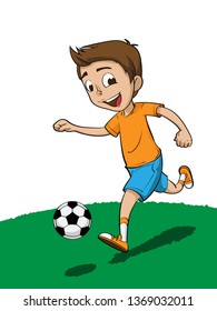 soccer boy run on the green field.