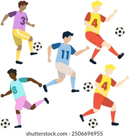 Soccer boys players kicking ball characters set, flat cartoon vector illustration isolated on white background. Soccer or football game players collection.