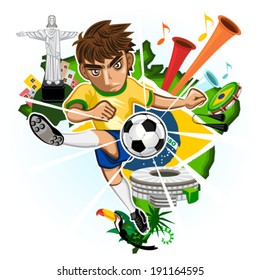 SOCCER BRAZIL with background of Brazilian Icons and Landmarks