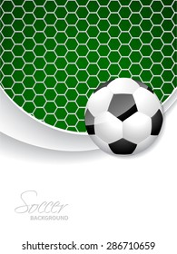 Soccer brochure design with ball in front and net in background