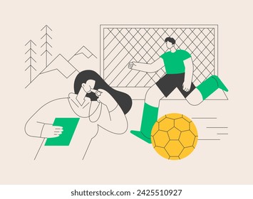 Soccer camp abstract concept vector illustration. Football summer vacation, day camp, soccer academy, kids playing, specialty school, teamwork training, youth sport program abstract metaphor.