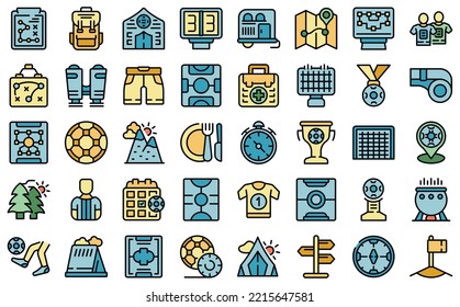 Soccer Camp Icons Set Outline Vector. Kids Coach. People Camp Color Flat Isolated