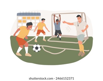 Soccer camp isolated concept vector illustration. Football summer vacation, day camp, soccer academy, kids playing, specialty school, teamwork training, youth sport program vector concept.