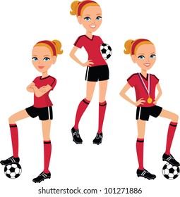 Soccer Cartoon Character Girl Poses Set 1