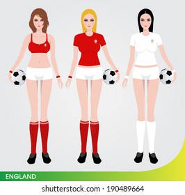 Soccer Cartoon Character Sexy Female Player Standing And Holding The Ball. England Football Team Uniform