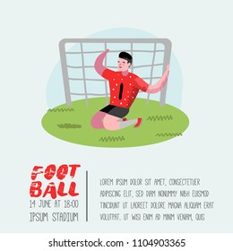 Soccer Cartoon Player Poster, Placard. Footballer in Uniform. Sportsman Character Banner. Sport Athlete Playing Football. Vector illustration