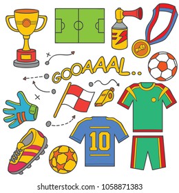 Soccer cartoon set in color. Vector collection of soccer / football game isolated over white background.