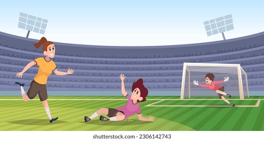 Soccer. Cartoon sport female players football activity exact vector cartoon background