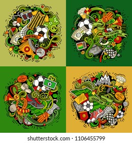 Soccer cartoon vector doodle illustration. Colorful detailed designs with lot of objects and symbols. 4 composition set. All elements separate