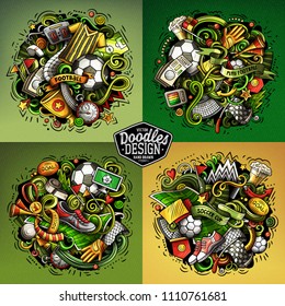 Soccer cartoon vector doodle illustration. Colorful detailed designs with lot of objects and symbols. 4 composition set. All elements separate