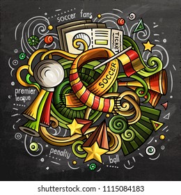 Soccer cartoon vector doodle illustration. Chalkboard colorful design with lot of objects and symbols. All elements are separate