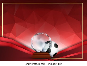 Soccer Certificate Diploma With Glass Trophy Vector. Sport Graduate Champion. Best Prize. Winner Trophy. A4 Horizontal. Event Illustration