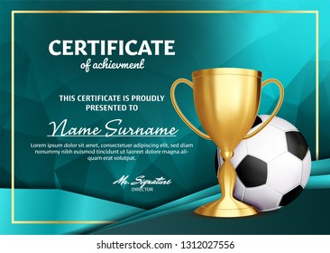 Soccer Certificate Diploma With Golden Cup Vector. Football. Sport Award Template. Achievement Design. Honor Background. A4 Horizontal. Illustration