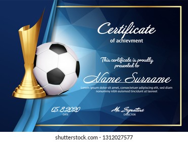 Soccer Certificate Diploma With Golden Cup Vector. Sport Graduate Champion. Best Prize. Winner Trophy. A4 Horizontal. Event Illustration