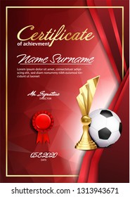 Soccer Certificate Diploma With Golden Cup Vector. Sport Graduate Champion. Best Prize. Winner Trophy. A4 Vertical. Event Illustration