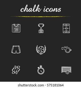 Soccer chalk icons set. Football t-shirt, shoes and shorts, field, whistle, stopwatch, gate, ball in laurel wreath, winner's gold cup. Isolated vector chalkboard illustrations