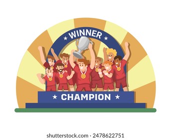Soccer Champion Team Celebration On Podium Cartoon Illustration Vector