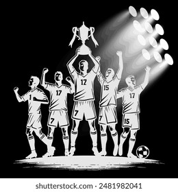 Soccer Champions Celebrating Under Stadium Lights with Trophy. Black and White Football Sports Silhouette.