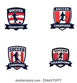 Soccer champions logo with shield and soccer ball elements, perfect for sports branding, team merchandise, and event promotions, bold and dynamic design