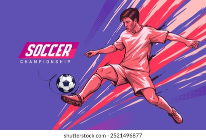 Diseño de Anuncio de campeonato de fútbol con jugadores de fútbol pateando la pelota. Ilustración vectorial del jugador de fútbol golpeando la pelota.