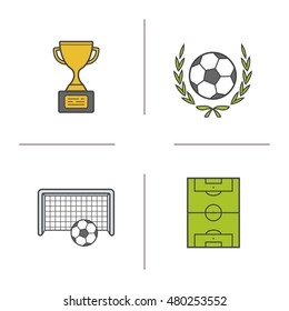 Soccer championship color icons set. Winner's cup, football ball in laurel wreath, gates and field. Isolated vector illustrations