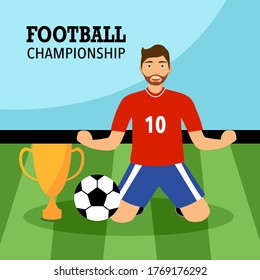 Soccer championship concept vector illustration. Football player with champion trophy and stadium background. Victory celebration.