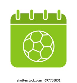 Soccer championship date glyph color icon. Calendar page with soccer ball. Silhouette symbol on white background. Negative space. Vector illustration