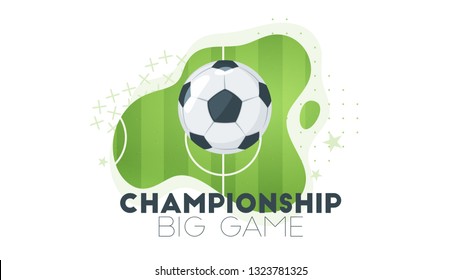 Soccer championship design element or card. Football banner template with leather ball and green field. Vector illustration.