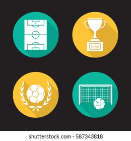 Soccer championship flat design long shadow icons set. Winner's cup, football ball in laurel wreath, gates and field. Vector silhouette illustration