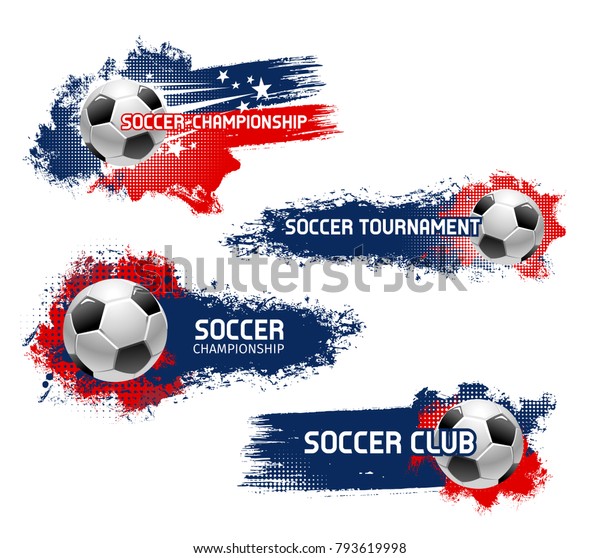 Soccer championship or football sport game\
tournament vector icons set of flying ball. Vector symbol of soccer\
ball flying to goal on arena stadium for football cup or college\
league team and fan\
club
