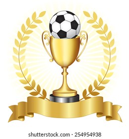 Soccer championship gold trophy with golden banner and laurel on glowing background