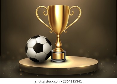 Soccer Championship with Golden Trophy and Football on Luxury Podium, Vector Illustration