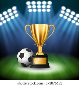 Soccer Championship with Golden Trophy and football with illuminated spotlight, Vector Illustration