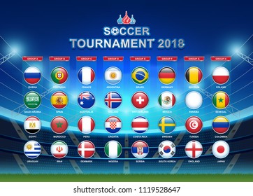 Soccer championship groups and football cup tournament 2018 in russia and country flags template vector illustration