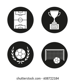 Soccer championship icons set. Winner's cup, football ball in laurel wreath, gates and field. Vector white silhouettes illustrations in black circles