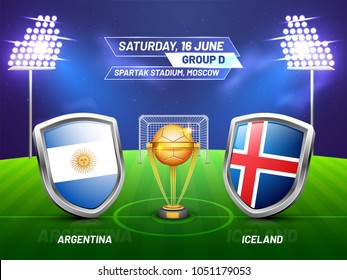Soccer championship league, match between Argentina v/s Iceland with golden trophy, and countries flag.