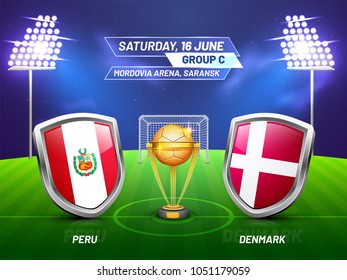 Soccer championship league, match between Peru v/s Denmark with golden trophy, and countries flag.