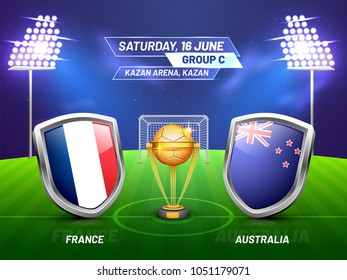 Soccer championship league, match between France v/s Australia with golden trophy, and countries flag.