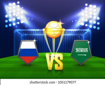 Soccer championship league, match between Russia v/s Soudi Arabia, night stadium background.