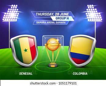 Soccer championship league, match between Senegal v/s Colombia with golden trophy, and countries flag.