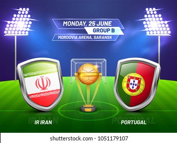 Soccer championship league, match between IR Iran v/s Portugal with golden trophy, and countries flag.