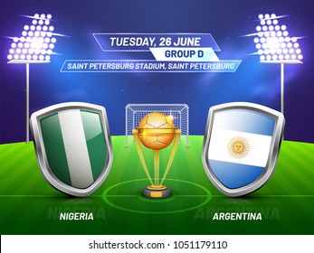 Soccer championship league, match between Nigeria v/s Argentina with golden trophy, and countries flag.