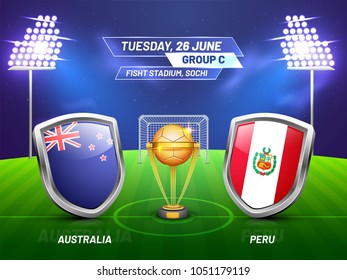 Soccer championship league, match between Australia v/s Peru with golden trophy, and countries flag.