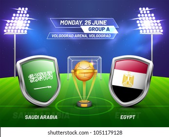 Soccer championship league, match between Saudi Arabia v/s Egypt with golden trophy, and countries flag.