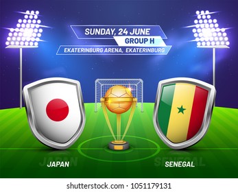 Soccer championship league, match between Japan v/s Senegal with golden trophy, and countries flag.